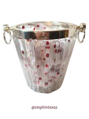 MCM Crystal Ice Bucket Ribbed Glass Silverplate Rim Ring Handles Champagne